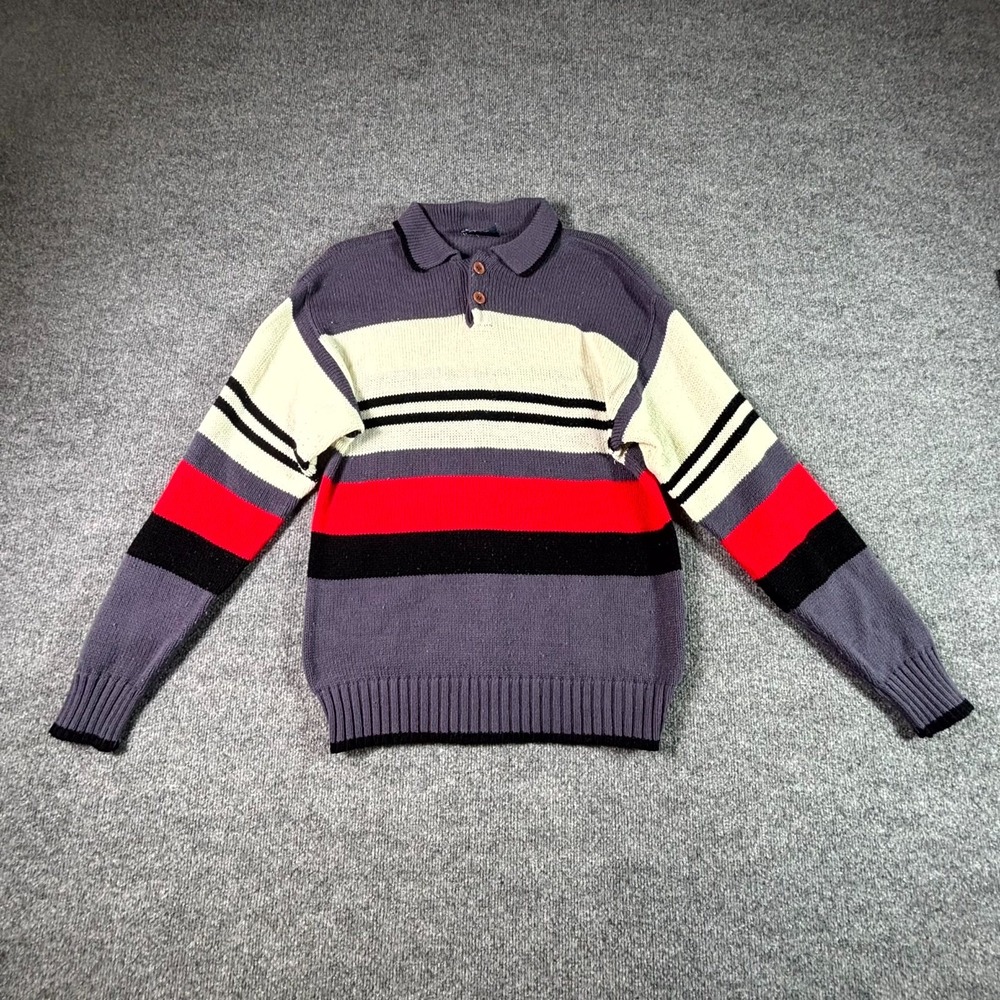 Cross Bay Mens M Blue Striped Rugby Sweater Acrylic Tight Knit Pullover Collared